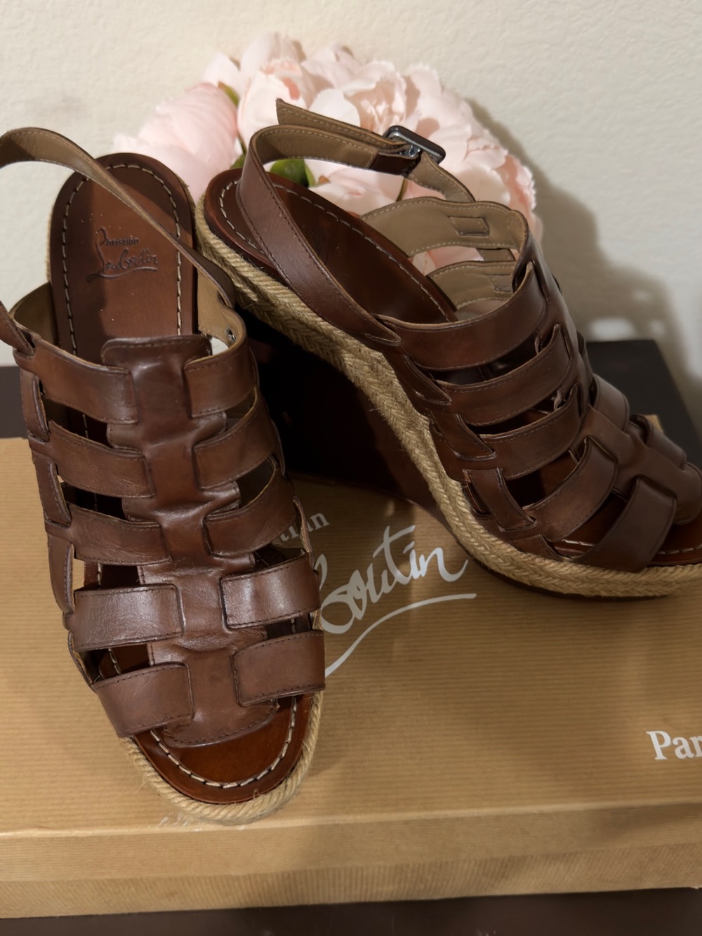 Christian Louboutin Brown Leather Woven Espadrille Wedges with Ankle Strap